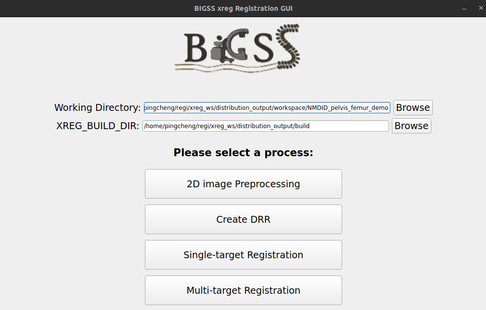 Main window with logo, working directory, and process selection